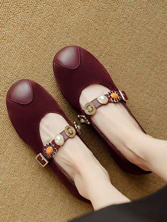 Retro Fragrant One-Buckle Round Toe Mary Jane Ankola Red Low Vamp New Flat Shoes, Spring And Autumn Popular Ankola Red Flat Shoes Vintage Rivet Mary Jane Shoes Slip-On Low Vamp Loafers For Women