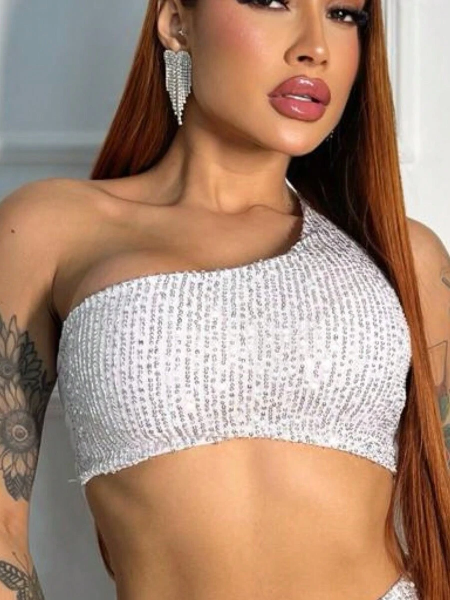 Shiny Sequin Crop Top One Sleeve Lame Mule - trắng - Xem 1