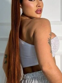 Shiny Sequin Crop Top One Sleeve Lame Mule - trắng - Xem 2