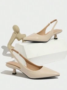 女士纯色尖头露跟猫跟鞋，简约舒适，适合秋冬季工作、通勤和正式场合，米色PU材质，优雅，适合派对穿着。 - 米色 - 查看 4