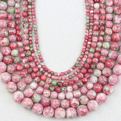 4/6/8/10/12mm Pink-Green Color Natural Synthetic Marbled Agate Loose Beads, Drilled Round Spacer Beads For DIY Women Bracelet Necklace Earrings Fashion Jewelry Making Supplies