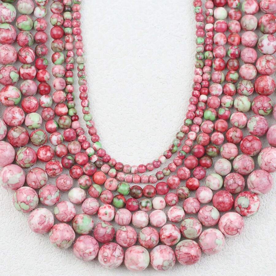 4/6/8/10/12mm 粉绿色天然合成大理石玛瑙散珠、钻孔圆形隔珠适用于 DIY 女士手链项链耳环时尚珠宝制作用品 - 雨菜石粉綠色 - 查看 1