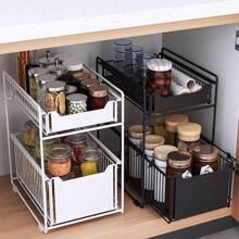 2-Tier Sliding Storage Basket For Kitchen Cabinets, Black/White - Black - View 2