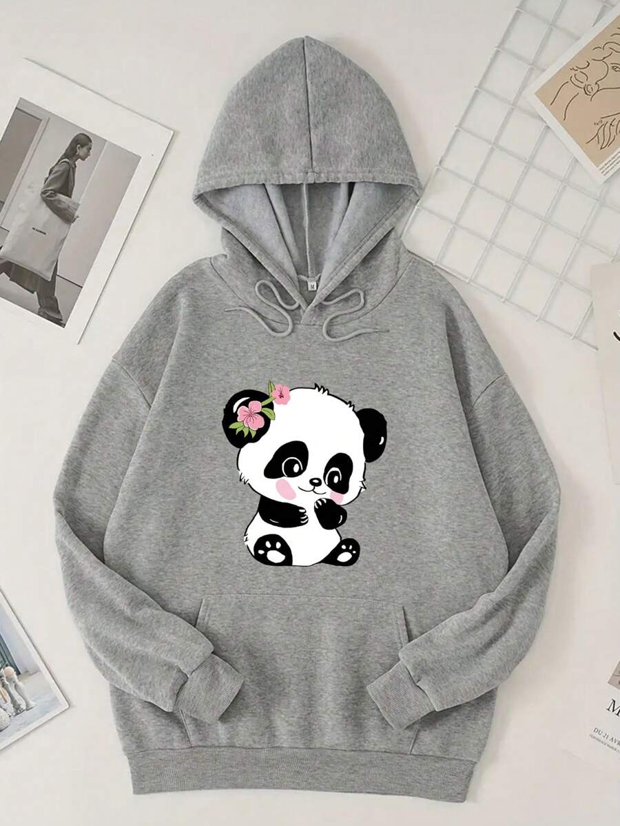 Capucha con estampado de panda con bolsillo de canguro con cordón con forro térmico - Gris - Ver 1