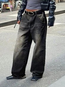 MYOURSA Y2K 高腰宽松阔腿水洗复古牛仔裤，女士休闲街头风，黑色