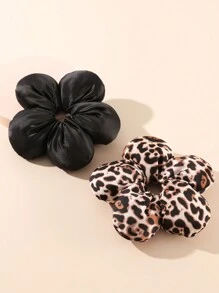 2 件套复古花卉豹纹发圈，优雅女士蓬松发带，秋冬时尚发饰 - 彩色 - 查看 1