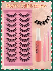 10 对/包圣诞 D-Curl 仿貂皮睫毛延长套装，带睫毛涂抹器、胶水、仿貂皮睫毛套装，DIY 自然外观，轻巧可重复使用，是送给女性的最佳圣诞礼物 - 黑色 - 查看 2