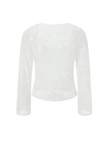 Blusa corta de encaje floral transparente para mujer, manga larga, escote corazón, lazo frontal, ropa de club - Blanco - Ver 3