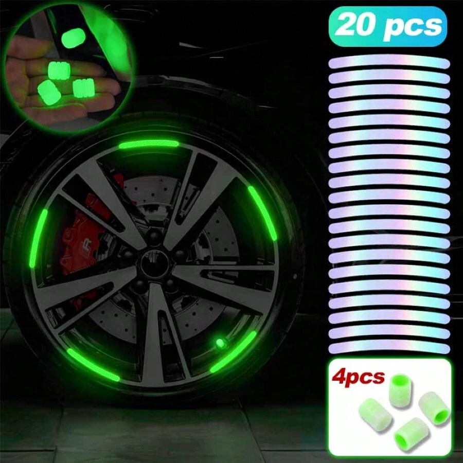 4 buah Tutup Katup Ban Bercahaya dalam Gelap & 20 buah Stiker Dekoratif Reflektif Berwarna-warni Cocok untuk Mobil, Truk, SUV, Sepeda Motor, dan Sepeda - Stiker hub neon + tutup katup neon - View 1