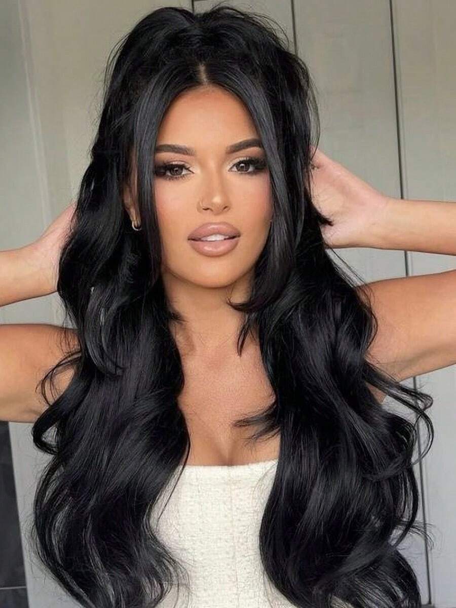 26" Long Ponytail Extension, Drawstring Ponytail Extension For Women Long Wavy Layered Pony Tails Hair Extensions Synthetic Clip In Ponytail Hairpiece For Women - màu đen - Xem 1