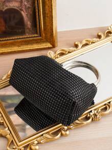 Tas Tangan Dekorasi Rhinestone, Tas Bahu dengan Dua Pegangan Bulat, Tas Pesta, Tempat Ponsel & Lipstik, Tas Tangan Serbaguna yang Modis - Hitam - View 5
