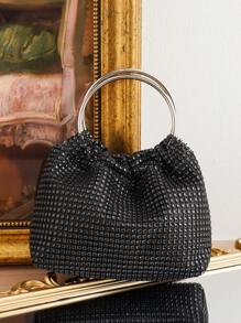 Tas Tangan Dekorasi Rhinestone, Tas Bahu dengan Dua Pegangan Bulat, Tas Pesta, Tempat Ponsel & Lipstik, Tas Tangan Serbaguna yang Modis - Hitam - View 4