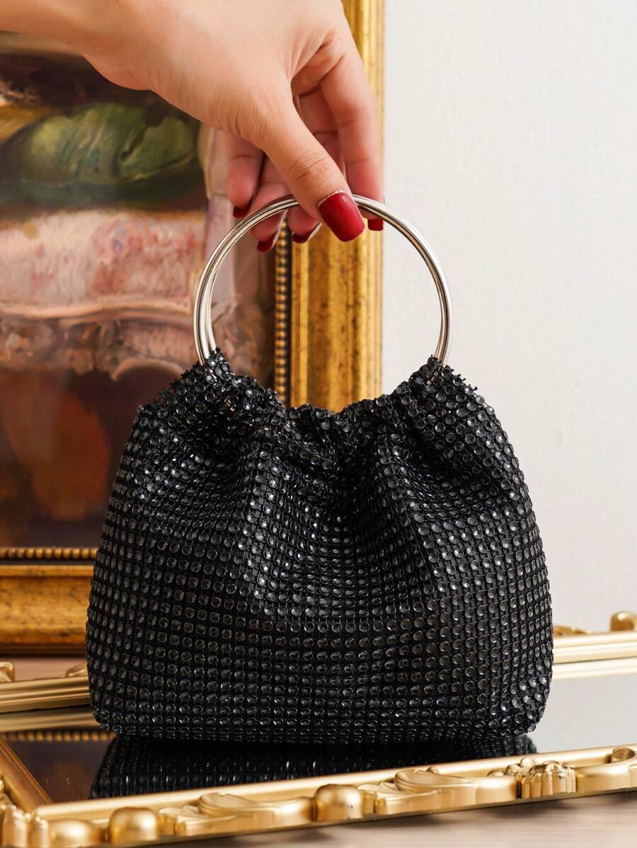 Tas Tangan Dekorasi Rhinestone, Tas Bahu dengan Dua Pegangan Bulat, Tas Pesta, Tempat Ponsel & Lipstik, Tas Tangan Serbaguna yang Modis - Hitam - View 1