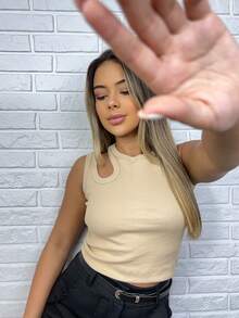 Women's Ribbed Crop Top High Quality Women's Low-Cut Ribbed Blouse - 咖啡色和米色 - 查看 2