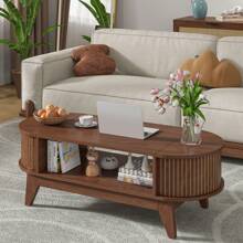 Coffee Table With Storage, Mid Century Modern Oval Fluted Wood Table With Flip Top, Space Saving For Living Room - 核桃 - 查看 3