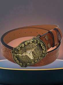 1 条复古手工定制雕刻西部牛仔皮带，复古朋克风格男士独特皮带，适合农历新年、情人节礼物和日常穿着，2024 年秋冬新品 - 彩色 - 查看 5