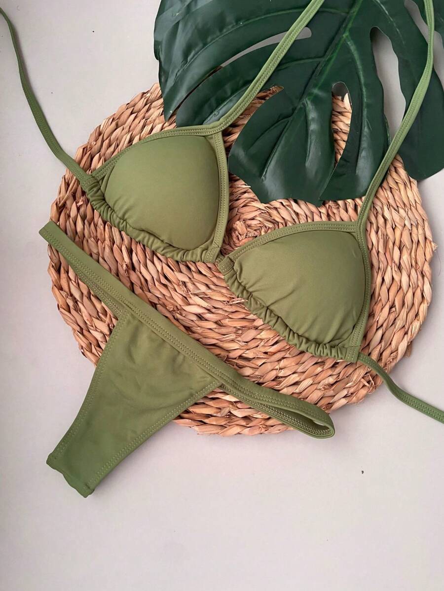 Ribbon Curtain Bikini - Army Green - View 1