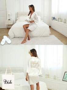Bộ 4 món quà tặng tiệc độc thân Áo choàng cô dâu kèm dép cô dâu và túi vải tote cô dâu Áo choàng bằng vải satin cho ngày cưới Dép cô dâu Túi đựng đồ trang điểm đeo vai cho tiệc độc thân Quà tặng, - Nhiều màu - Xem 9