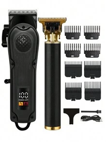 Professional Black Hair Cutting Kit For Men, Professional Hair Clipper+T-Cut Trimmer, USB Fast Charging+LCD Digital Display, Easy To Cut Hairstyles,Battery Capacity: 1500mAh+600mAh