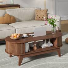 Coffee Table With Storage, Mid Century Modern Oval Fluted Wood Table With Flip Top, Space Saving For Living Room - 核桃 - 查看 1