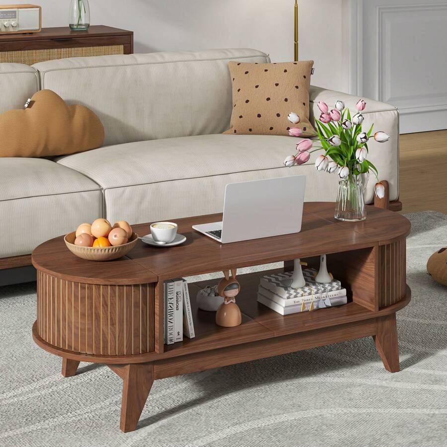 Coffee Table With Storage, Mid Century Modern Oval Fluted Wood Table With Flip Top, Space Saving For Living Room - 核桃 - 查看 1