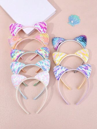 8pcs/1pc New Sparkling Sequin Cat Ear Hair Hoop, Cute Princess Party Headband, Festival/Celebration/Birthday Gift, Hair Accessories