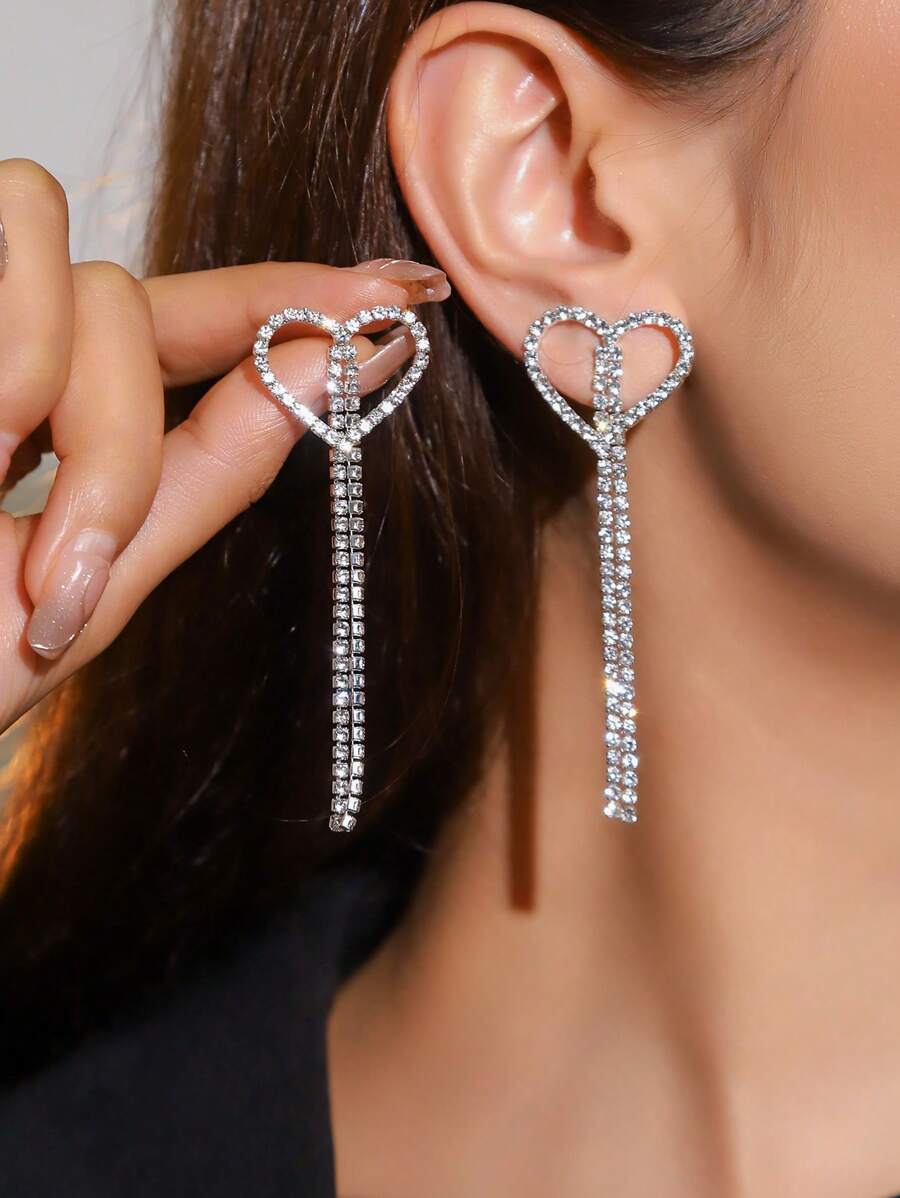 Giáng sinh CZ Crystal Palace Bling Bling Nặng Handmade Trái Tim Tua Bông Tai Đinh Tán Cho Vợ Bạn Gái Quà Tặng Ngày Valentine 1 Cặp - Bạc - Xem 1