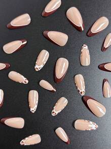 Transform Your Nails With 48pcs Press On Nails Medium Classic Brown French Border Coffee Sexy Leopard Nails Print Pattern White Flower Embellishment Simple And Fashionable Almond Fake Nail Set, Suitable For Girls And Women's Daily, Party, Nails Supplies Art+2 Pieces Of Jelly Glue+2 Rubbing Strips - Multicolor - View 3