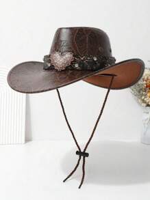 1 pièce Chapeau haut de forme en feutre avec un cœur en métal incrusté de strass, élégant et convenant pour les voyages, les fêtes, les soirées western cowboys et l'usage quotidien pour la Saint-Valentin