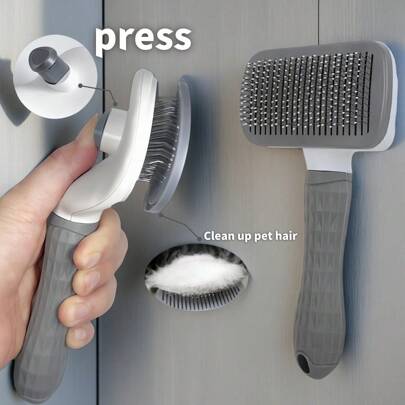 1pc Escova de pelo de cachorro/gato, pente de pulgas, escova autolimpante, escova de tosa para animais de estimação, escova de massagem, ferramenta de remoção de pelos, escova de remoção de pelos, ferramenta de limpeza para animais de estimação, ferramenta de coleta de pelos, escova para cães, escova para gatos, escova para remoção de pelos de animais de estimação, acessórios para animais, suprimentos para animais de estimação, pente de aço inoxidável antiderrapante para cães, acessórios para gatos