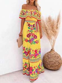 Women's Mexican Maxi Dress Floral Print Off The Shoulder A-Line Flowy Long Dress Tie Waist Summer Beach Vacation Sundress - Màu vàng - Xem 2