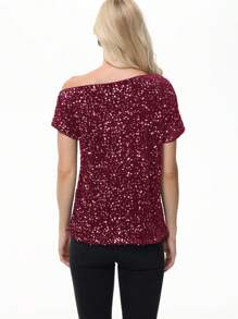 Women's Sequin One Shoulder Short Sleeve Top Party Club Sparkle Glitter Concert Tunic Blouse - 酒紅色 - 查看 2