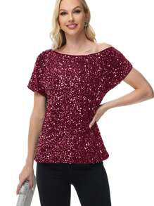 Women's Sequin One Shoulder Short Sleeve Top Party Club Sparkle Glitter Concert Tunic Blouse - 酒紅色 - 查看 4