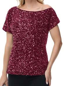 Women's Sequin One Shoulder Short Sleeve Top Party Club Sparkle Glitter Concert Tunic Blouse - 酒紅色 - 查看 3