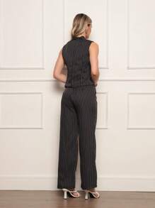Women's Striped Tailored Set Vest With Long Trousers Formal Style Imported - Đen và trắng - Xem 5