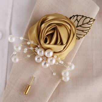 Men's Golden Leaf & Faux Pearl Rose Design Elegant Lapel Brooch Pin, Suit Accessory XH815B Valentines