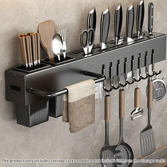 Kitchen Knife Rack With Removable Chopstick Holder, Towel Bar And Utensil Hooks, Wall Mounted Storage Organizer Without Drilling