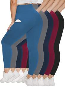5 Packs Plus Size Women Pocket Leggings With High Waisted Soft Stretchy Yoga Leggings High Waist Athletic Pants - Nhiều màu - Xem 4