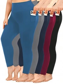 5 Packs Plus Size Women Pocket Leggings With High Waisted Soft Stretchy Yoga Leggings High Waist Athletic Pants - Nhiều màu - Xem 2