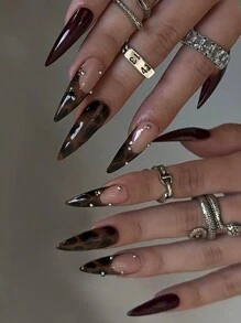 24片长尖头棕色豹纹法式美甲贴纸，银色珠子设计，复古风格全覆盖假指甲，适合女性和女孩日常佩戴 - 彩色 - 查看 3