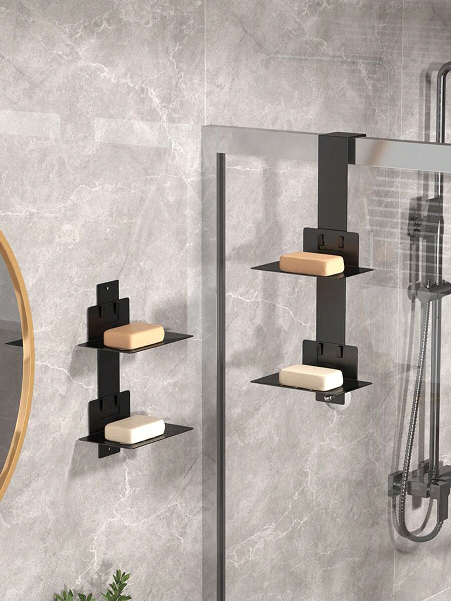 1 件双层肥皂架，壁挂式肥皂盒托盘带排水功能，无需钻孔淋浴肥皂架，淋浴门上方双层肥皂架，易于安装和整理，浴室配件 - 黑色 - 查看 1