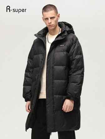 R.Super Basic Letter Logo Patch Loose Thick Warm Hooded Long Parka Down Jacket Unisex