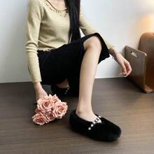 Women Winter Flat Shoes, Thermal Lined Thick Sole Casual Mary Jane Faux Pearl Decor Fuzzy Slip-On Soft Bottom Soft Shoes, Black - Black - View 8