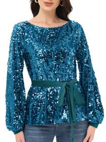 Long Sleeve Sequin Crew Neck Fashion Pullovers Sweatshirt Evening Party - 水鴨藍 - 查看 1