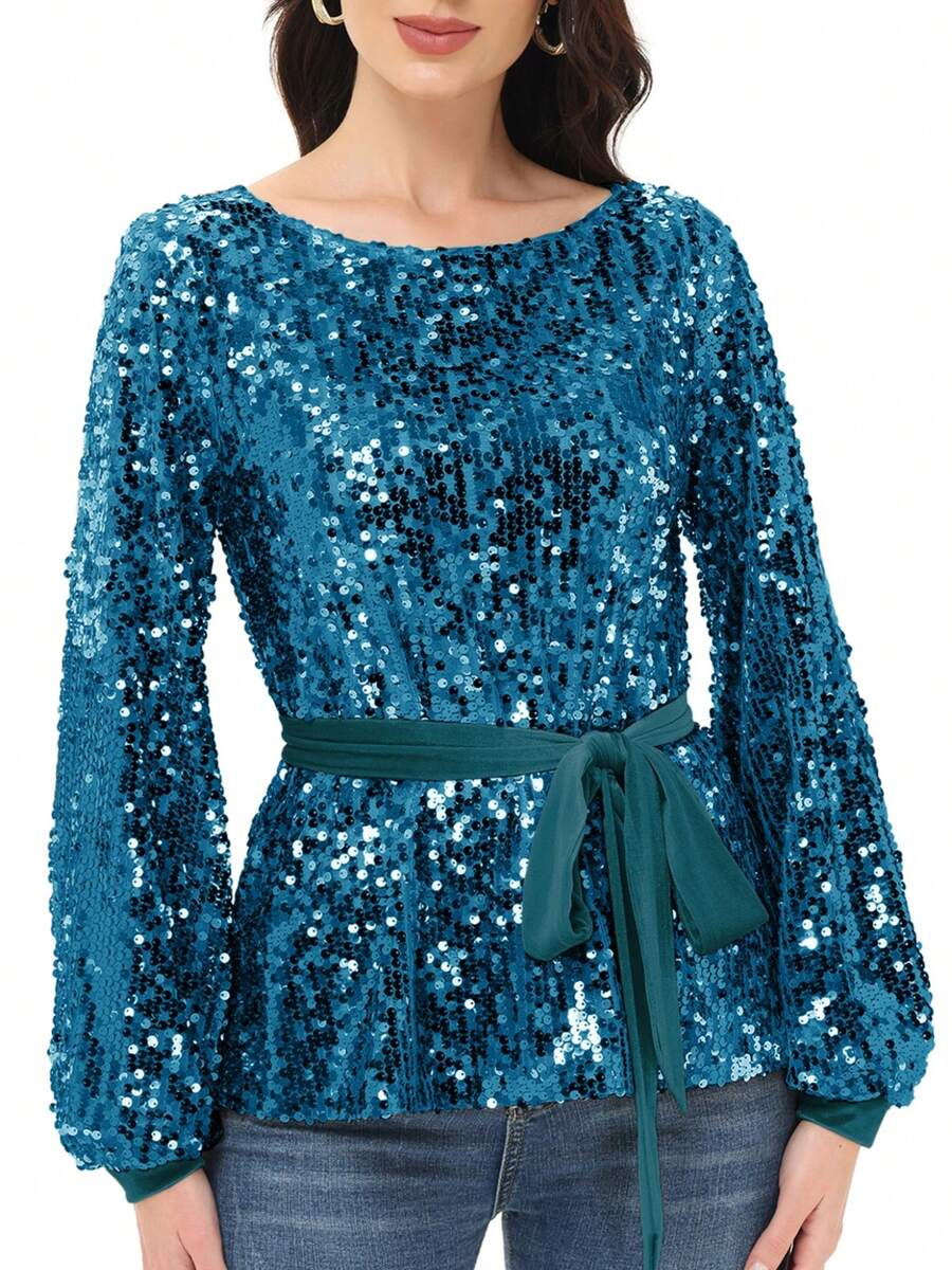 Long Sleeve Sequin Crew Neck Fashion Pullovers Sweatshirt Evening Party - 水鴨藍 - 查看 1