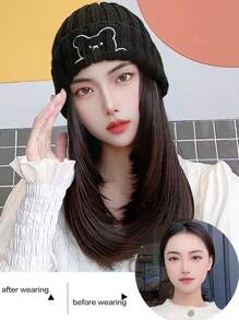 女士合成帽子假发一体时尚秋冬熊针织帽锁发 18 英寸黑色适合女性日常佩戴