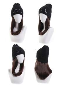 女士合成帽子假发一体时尚秋冬熊针织帽锁发 18 英寸黑色适合女性日常佩戴