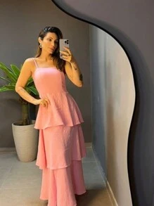 Eva Long Dress With Thin Straps In Layers, Various Colors, Summer - Màu Hồng baby - Xem 1