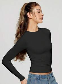 OUTBALL Womens Long Sleeve Shirts Basic Crop Tops Going Out Fall Fashion Slim Fit - 黑色 - 查看 4