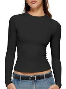 OUTBALL Womens Long Sleeve Shirts Basic Crop Tops Going Out Fall Fashion Slim Fit - 黑色 - 查看 1